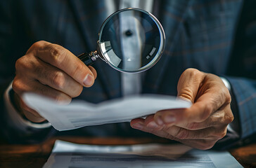 Businessman using magnifying glass examining legal contract document focusing on details paper verification close-up audit analysis inspection financial review accuracy law professional