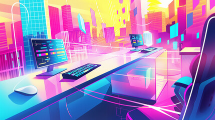 city background with commputers