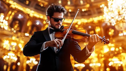 Fototapeta premium An elegant violinist performs in a concert hall, surrounded by golden lights.
