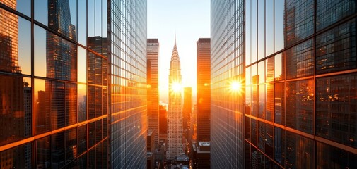 A bustling city at dawn, with skyscrapers reflecting the rising sun and people starting their day