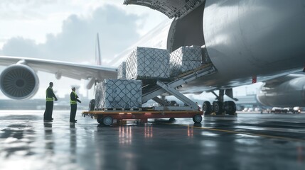 Airport workers supervising cargo loading in an airplane