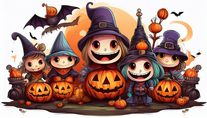 魔女の帽子をかぶった5人のキャラクターが、ジャック・オー・ランタンと一緒に描かれています。背景には大きな満月やコウモリが飛び、ハロウィンの楽しい雰囲気が広がっています。キャラクターは可愛らしく、全体的にコミカルで親しみやすいデザインです。generative AI