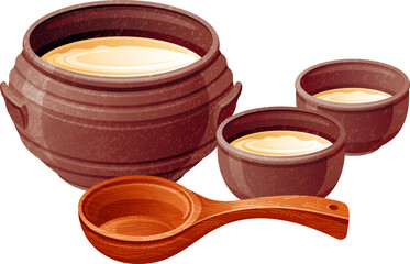 Makgeolli Korean rice wine in clay pot with cups, wooden scoop. Alcohol drink from Korea. Cartoon vector food icon. Traditional Korean Makgeolli drink. 3d Rice wine illustration. Makkoli alcohol art