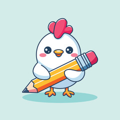 Cute Chicken Holding Pencil Cartoon Vector Icon Illustration. Animal Education Icon Concept Isolated Premium Vector. Flat Cartoon Style