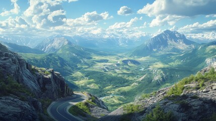 Obraz premium A scenic overlook on a mountain road, with a viewpoint offering stunning vistas of valleys and peaks below, framed by the road.