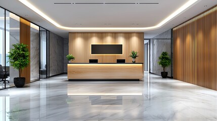 A stylish office lobby reception desk features wood and marble accents, creating a refined atmosphere.