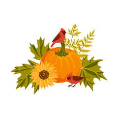 vector drawing orange pumpkin with sunflowers, birds and maple leaves, thanksgiving day composition isolated at white background, hand drawn illustration