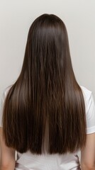 Naklejka premium Image shows a woman with long, smooth, dark brown hair in a white t-shirt viewed from the back against a white background.