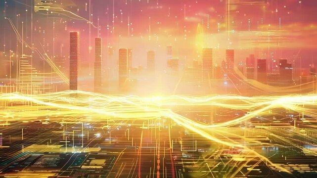 Abstract cityscape with glowing lights and data connecting buildings, representing the financial district of a modern metropolis