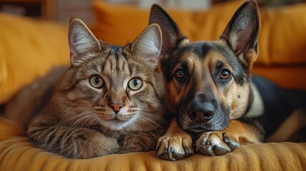 playful feline and canine companions posing together vibrant orange backdrop studio lighting whimsical expressions contrasting fur textures harmonious composition