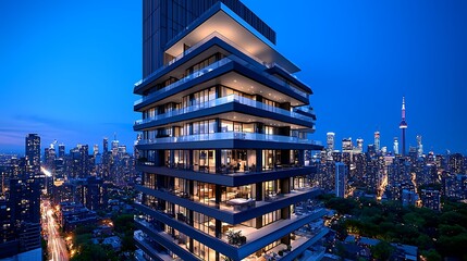 Obraz premium A modern condo building with a stunning city skyline view at night.