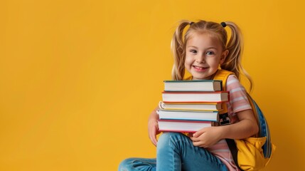 Back To School Concept.&nbsp;Cute Little Schoolgirl Smiling To Camera Sitting With Backpack At Stack Of Books Over Yellow Background