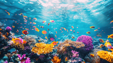 Obraz premium Family scuba diving in crystal clear tropical waters, exploring vibrant coral reefs and marine life, with colorful fish swimming around