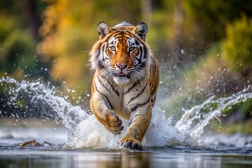 Siberian tiger, Panthera tigris altaica, low angle photo direct face view, running in the water directly at camera with water splashing around. Attacking predator in action. Tiger in taiga environment