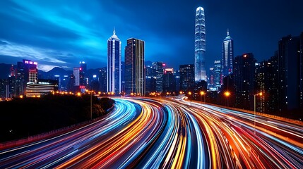 Fototapeta premium A night cityscape with light trails and towering skyscrapers captures the city�s energy.