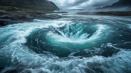 During high and low tides, river and ocean waters collide, creating whirlpools in the Saltstraumen maelstrom in Nordland, Norway.