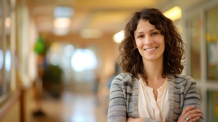 Portrait of a Social Worker in a Blurred Community Center Background, Portrait Shot, Social Worker, Community Center Background
