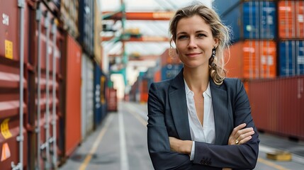 Caucasian Woman Working in Container Port Terminal, Professional Attire, Portrait Shot, Container Port