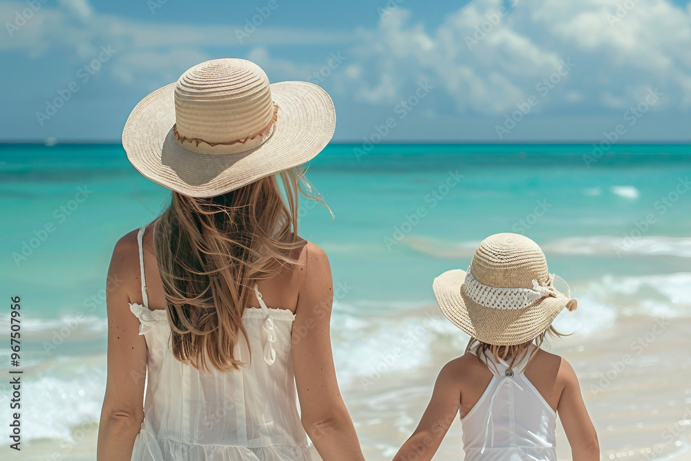 Wall mural child on the sunny sea beach family vacation concept generative ai