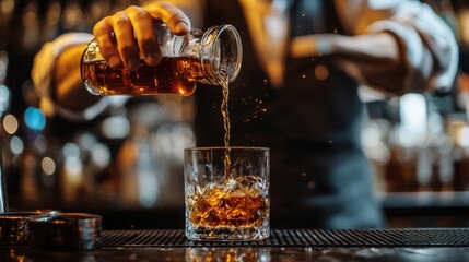 Obraz premium A bartender pouring a shot of whiskey, the amber liquid catching the light as it fills the