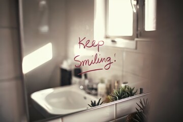 Inspirational quote 'Keep Smiling' written on bathroom mirror.