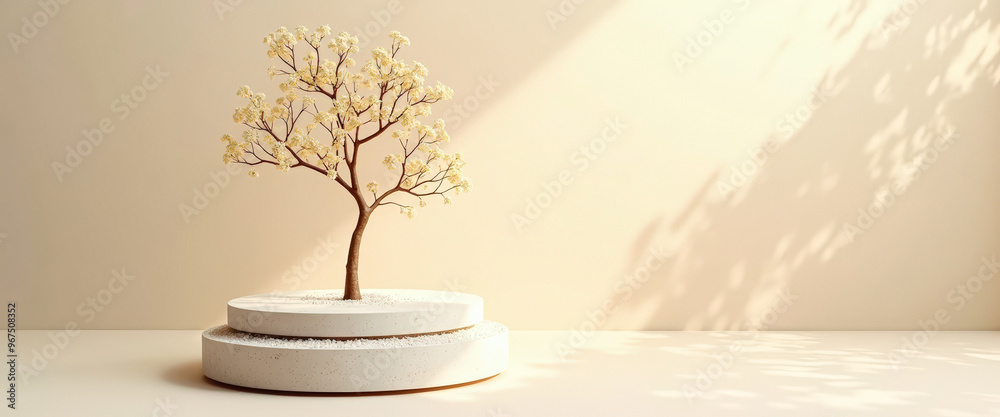 Poster Minimalist Product Display with White Flowers and Stone Pedestal