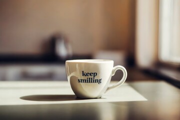 White coffee mug with 'keep smiling' text on blurred background.