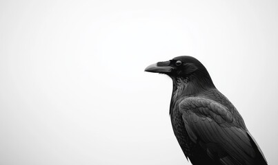 Fototapeta premium A Solitary Raven Stands Against a Gray Sky, Capturing Its Striking Profile and Demeanor