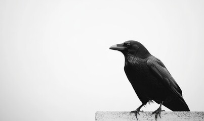 Fototapeta premium A Solitary Crow Perched on a Ledge Against a Monochrome Background During Daylight Hours