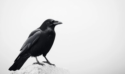 Fototapeta premium A Solitary Raven Perched on a Rock Against a Minimalist Gray Background on a Cloudy Day