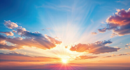 Naklejka premium Breathtaking sunset paints the sky with vibrant hues, casting golden rays through a majestic display of clouds. High quality photo