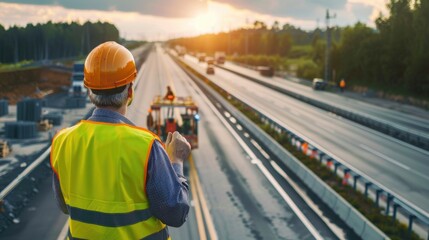 Obraz premium Civil engineer inspecting road construction work and supervising expressway project