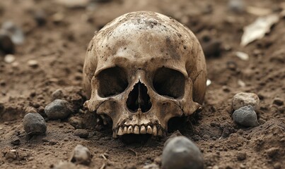 Excavation Reveals Ancient Human Skull in an Archaeological Site Surrounded by Rocky Soil