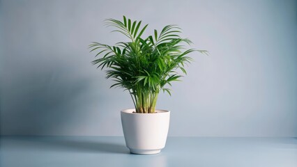 A potted parlor palm plant with green leaves in a white pot against a light blue wall.