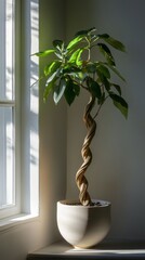 a potted twisted stem plant by the window in minimalist style of indoor plants