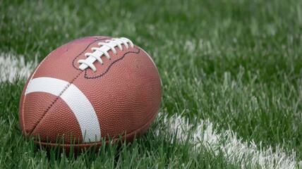 Obraz premium American football ball on grass, sports and competition concept.