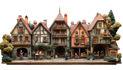 Fototapeta premium A miniature town scene featuring small buildings and tiny figures of people engaged in various activities. 