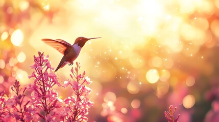 Hummingbird near flower close up, focus on, copy space vibrant floral colors, Double exposure silhouette with garden blooms