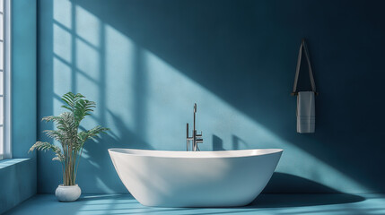 Light blue decorated bathroom scene, there is a white bathtub, stylish and simple style