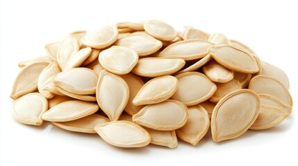 Pumpkin Seeds Scattered on a White Surface, Showcasing Their Smooth Texture and Natural Color