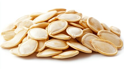 Pumpkin Seeds Piled Neatly on a White Background Ready for Roasting and Snacking
