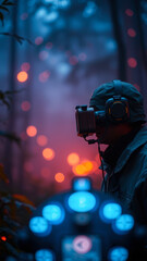 Fototapeta premium Man in a VR headset looking at the forest at night