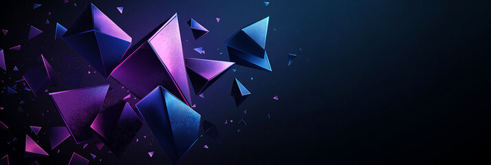 Abstract background with floating geometric shapes. Blue and purple 3D objects on black backdrop