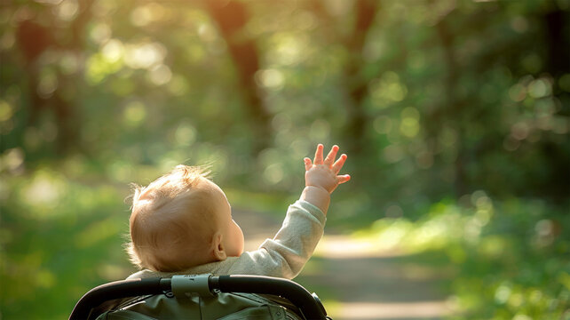 Baby toddler happy in park with sunlight. Happy mother pushing toddler baby stroller and walking in th park copy space