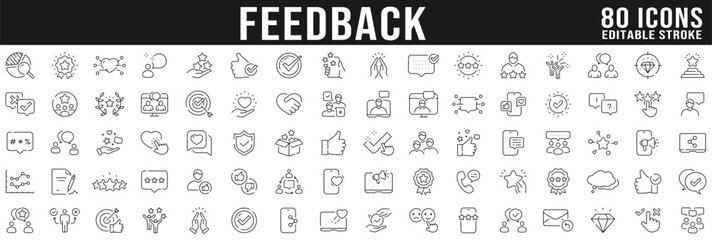 Feedback line icon big set. Review, like, customer, message, chat, comment etc. Editable stroke