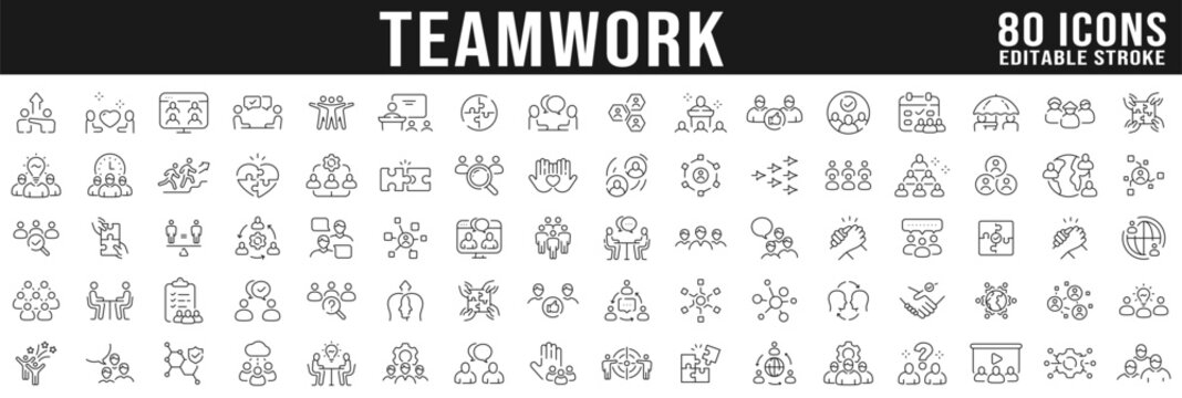 Big set of teamwork related line icons. Meeting, cooperation, together, support etc. Editable stroke