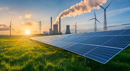 Solar panels and wind turbines front energy plant symbolizing renewable power generation and green energy Concept