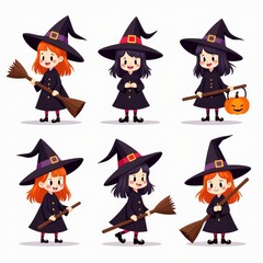 Cute Cartoon Witches in Black Hats and Broomsticks for Halloween Celebration