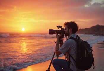 Male photographer captures a stunning sunset at the beach using a camera on tripod.