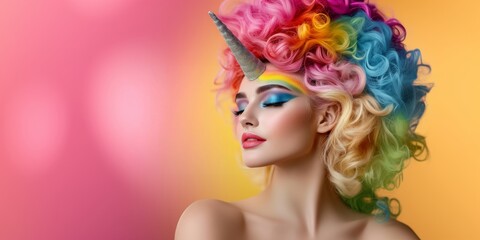 Naklejka premium A Young Woman With Vibrant Unicorn Hair and Colorful Makeup in a Bright Setting
